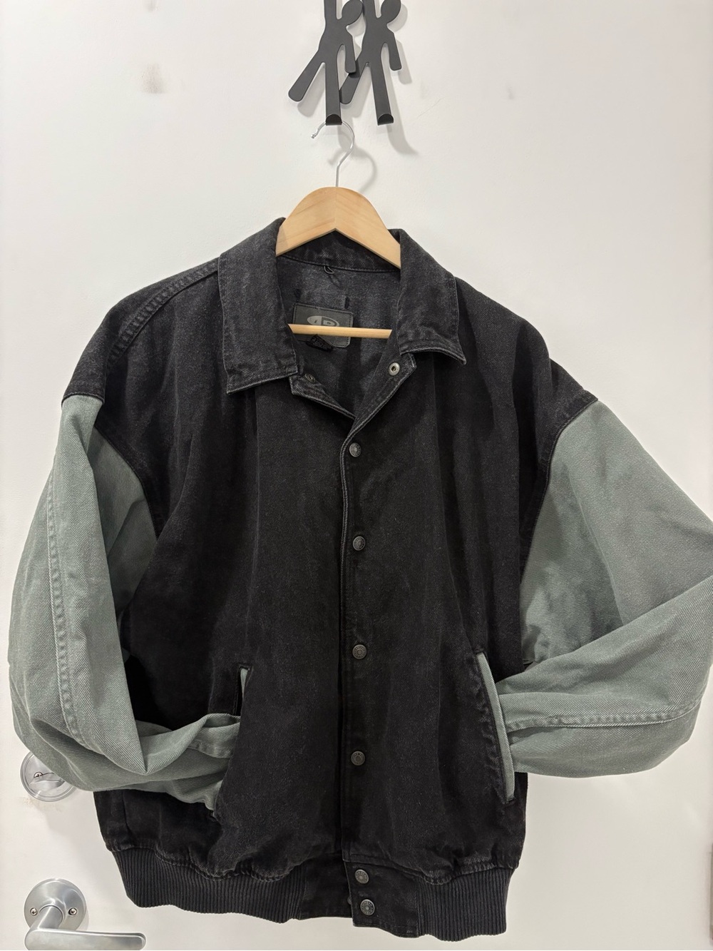 Men's Two-Tone Washed Denim Bomber Jacket - Black & Sage